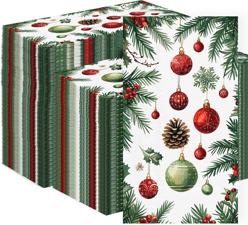 Tbsone 3-Ply Christmas Paper Napkins Disposable: Guest Dinner Hand Towels, Xmas Table Decorative for Bathroom Home Kitchen, Holiday Cocktail Party Decor, Red White Green (4.3x7.9 Inches, Count, 100) - Image 1